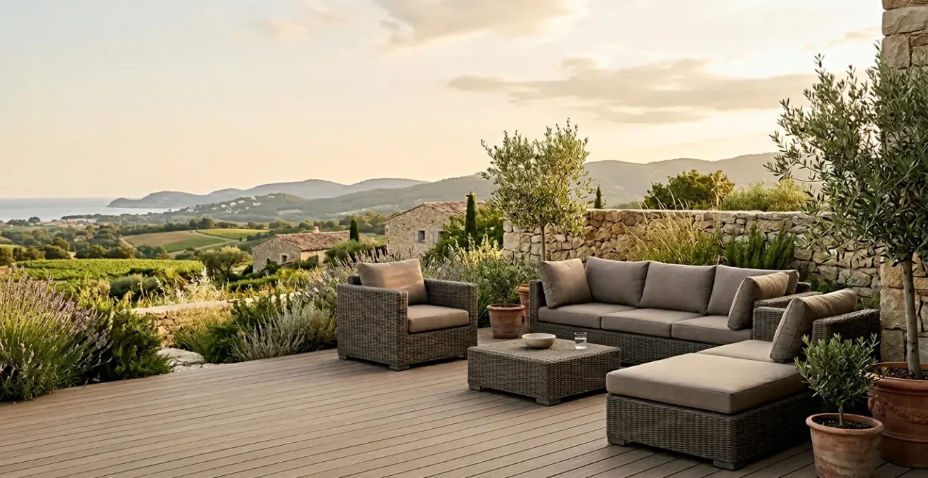 Salon de jardin contemporain en résine tressée haute densité sur terrasse ensoleillée avec coussins résistants aux intempéries