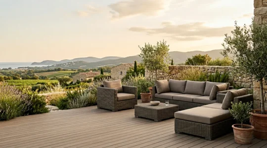 Salon de jardin contemporain en résine tressée haute densité sur terrasse ensoleillée avec coussins résistants aux intempéries