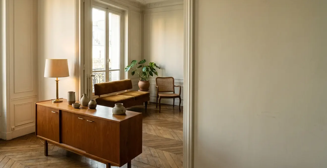 Intérieur vintage français authentique avec mobilier d'époque et objets personnels