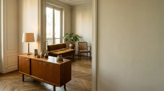 Intérieur vintage français authentique avec mobilier d'époque et objets personnels