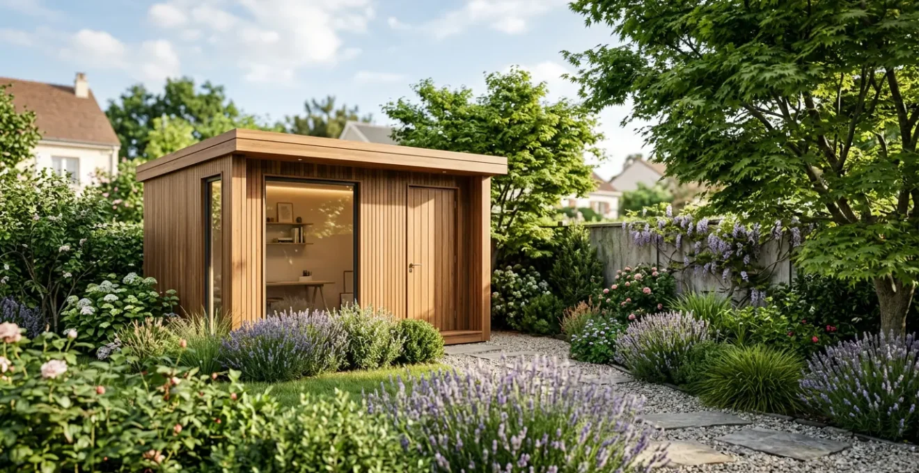 Studio de jardin contemporain en bois installé dans un jardin français verdoyant