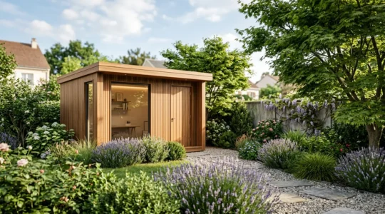 Studio de jardin contemporain en bois installé dans un jardin français verdoyant
