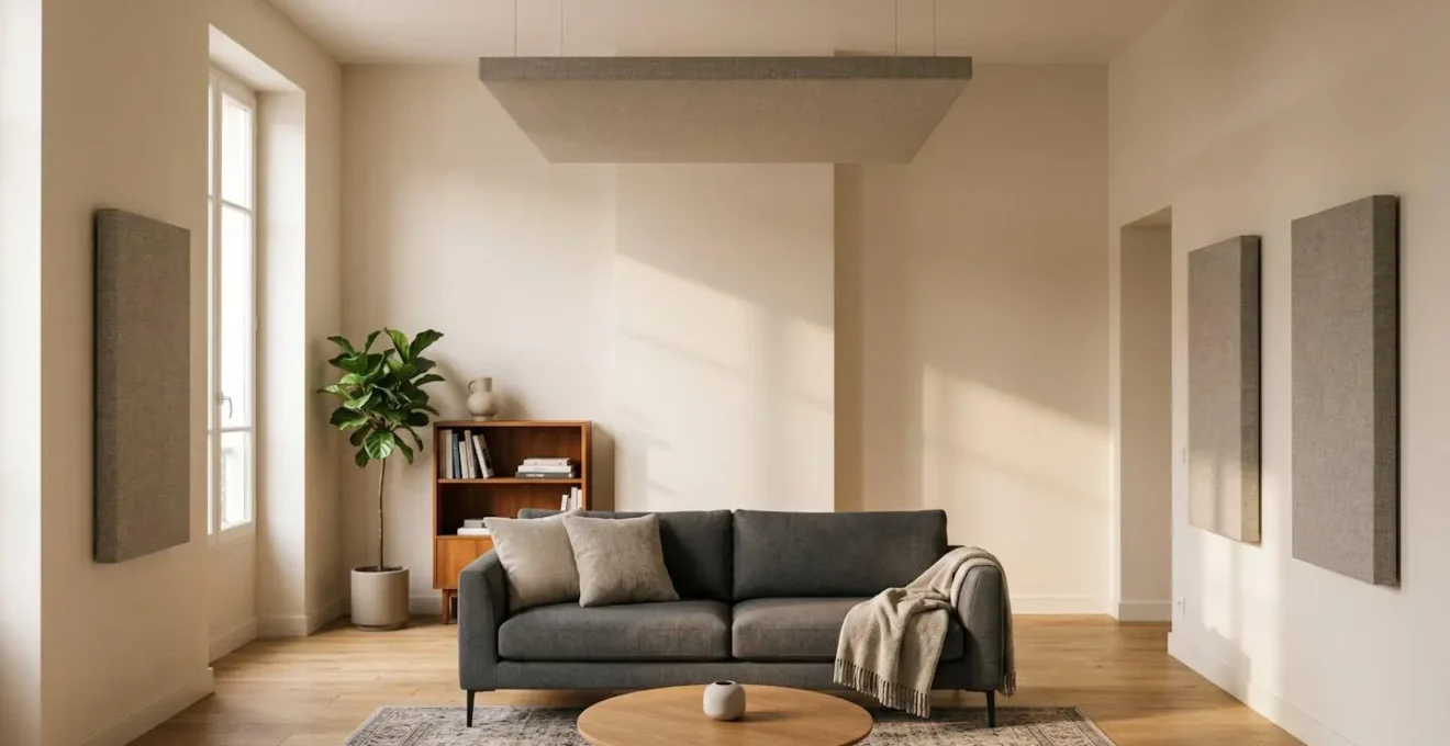 Perspective d'un salon moderne avec zones de réflexion sonore identifiées grâce à la technique du miroir