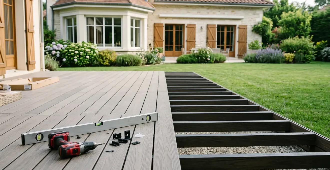 Installation d'une terrasse composite moderne avec structure de lambourdes et lames pleines coextrudees