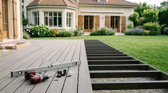 Installation d'une terrasse composite moderne avec structure de lambourdes et lames pleines coextrudees