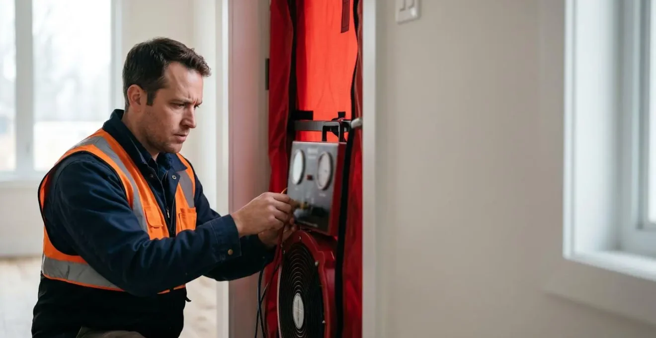 Technicien réalisant un test d'étanchéité à l'air avec équipement de mesure sur une maison modulaire