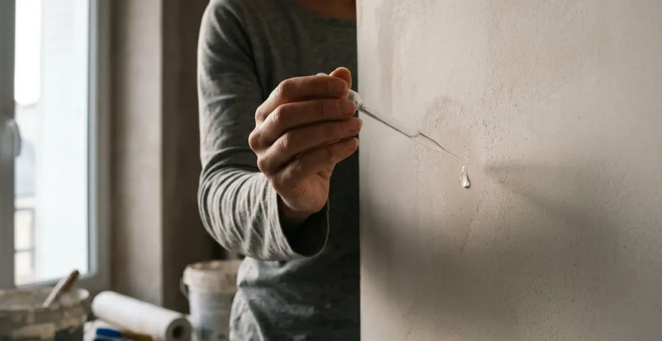 Gros plan sur une main appliquant une goutte d'eau sur un mur pour tester sa porosité avant la pose de papier peint