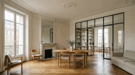 Espace intérieur baigné de lumière naturelle avec volumes modulés
