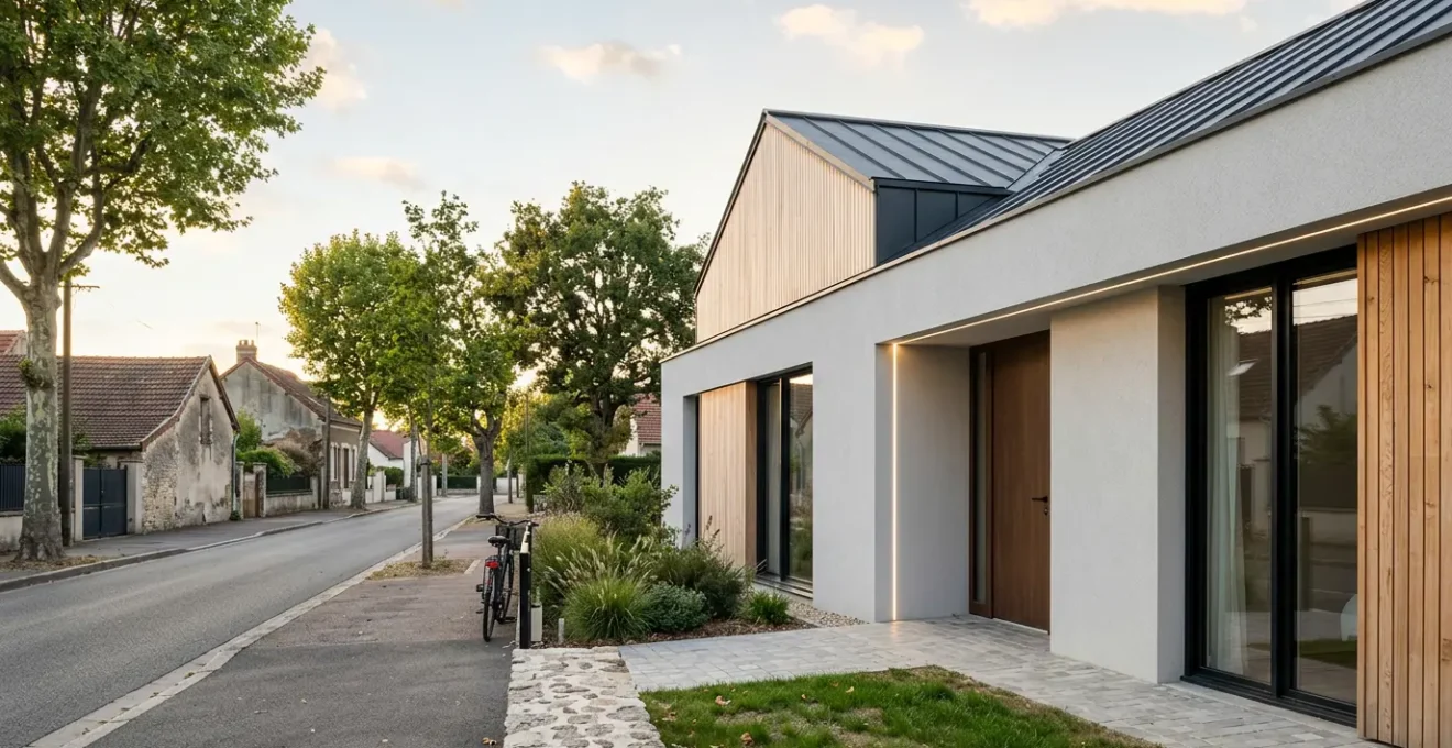 Transformation moderne d'une façade de maison individuelle avec matériaux contemporains