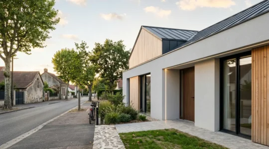Transformation moderne d'une façade de maison individuelle avec matériaux contemporains