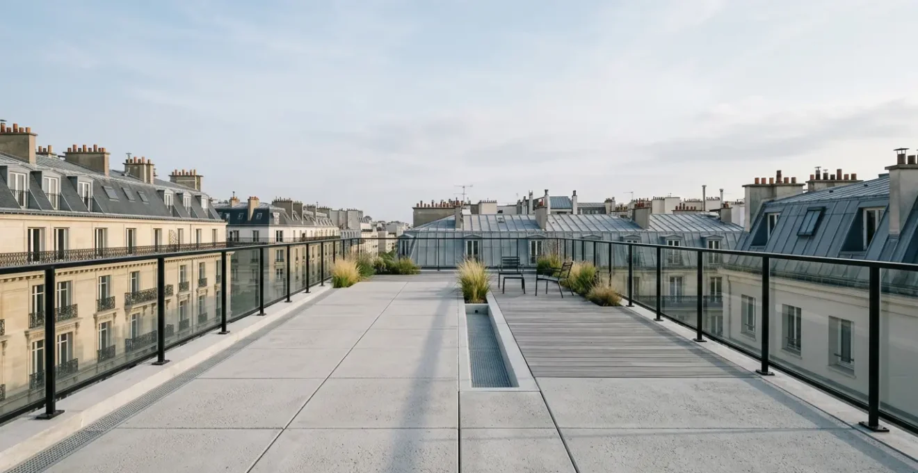 Vue architecturale d'une toiture-terrasse contemporaine aménagée avec étanchéité professionnelle