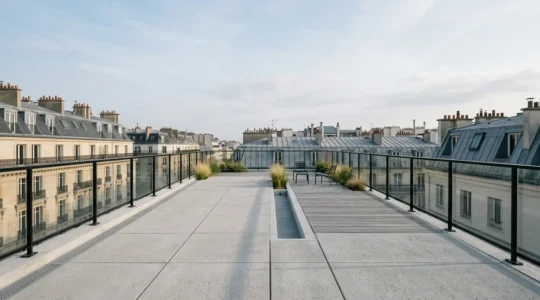 Vue architecturale d'une toiture-terrasse contemporaine aménagée avec étanchéité professionnelle