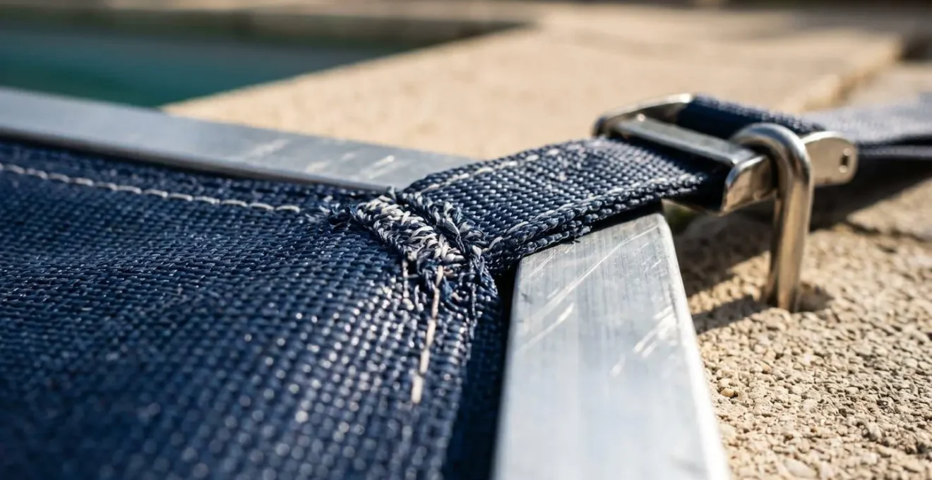 Gros plan sur les détails techniques d'une bâche de sécurité conforme à la norme NF P90-308 avec système de fixation certifié