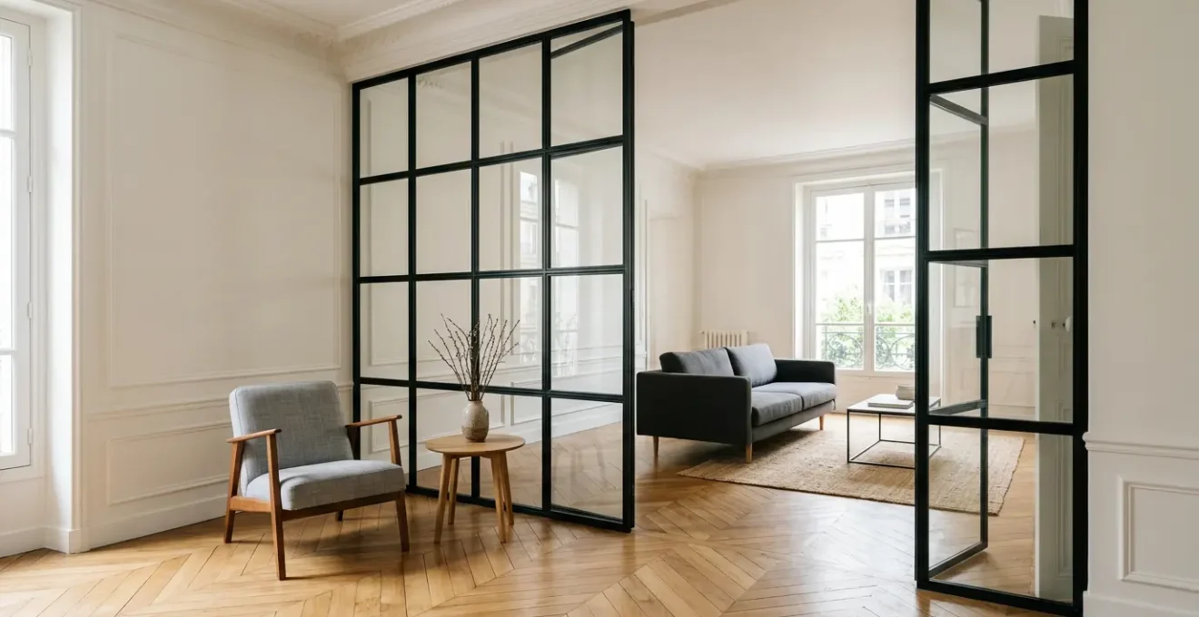 Verrière d'atelier en acier noir séparant élégamment deux espaces intérieurs baignés de lumière naturelle