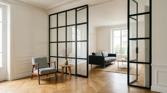Verrière d'atelier en acier noir séparant élégamment deux espaces intérieurs baignés de lumière naturelle