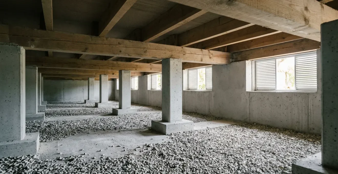 Espace vide sanitaire assaini sous une maison avec systeme de ventilation et fondations saines