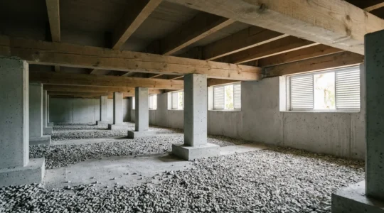 Espace vide sanitaire assaini sous une maison avec systeme de ventilation et fondations saines