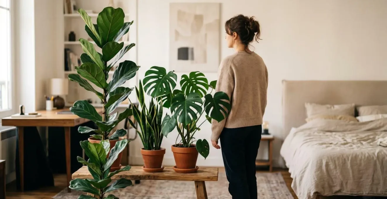 Plantes hautes créant une séparation naturelle entre deux zones d'un studio