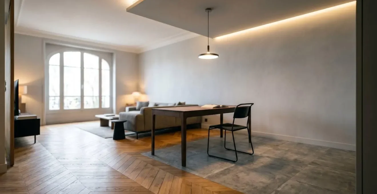 Délimitation visuelle d'un espace bureau dans un salon par contraste de matériaux et éclairage sans cloison