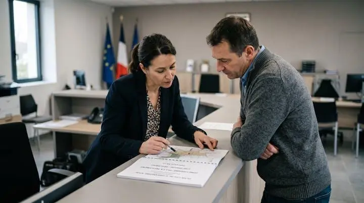 Agent service urbanisme mairie consultant dossier Plan Local Urbanisme avec propriétaire au guichet, documents réglementaires zonage ouverts sur comptoir Agent service urbanisme mairie consultant dossier Plan Local Urbanisme avec propriétaire au guichet, documents réglementaires zonage ouverts sur comptoir