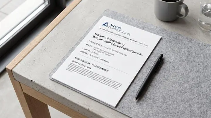 Attestation assurance décennale responsabilité civile entreprise BTP posée sur bureau, mentions garantie et dates validité visibles Attestation assurance décennale responsabilité civile entreprise BTP posée sur bureau, mentions garantie et dates validité visibles